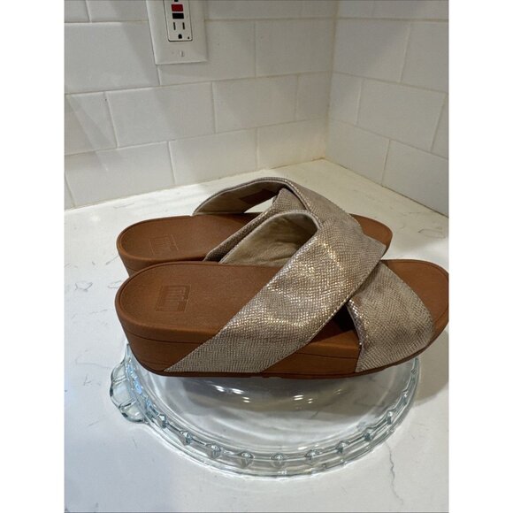 FitFlop Women Lulu Cross Slide Sandals Gold Shimmer Print Shoes Size 5 - Picture 4 of 13